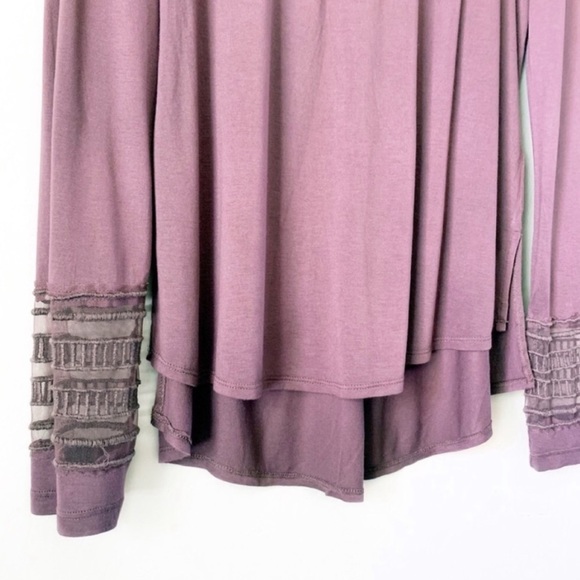 ☮️👚 FREE PEOPLE Low Hi side slits sheer mesh InSet neck Long Sleeve Top NWOT - Picture 5 of 9